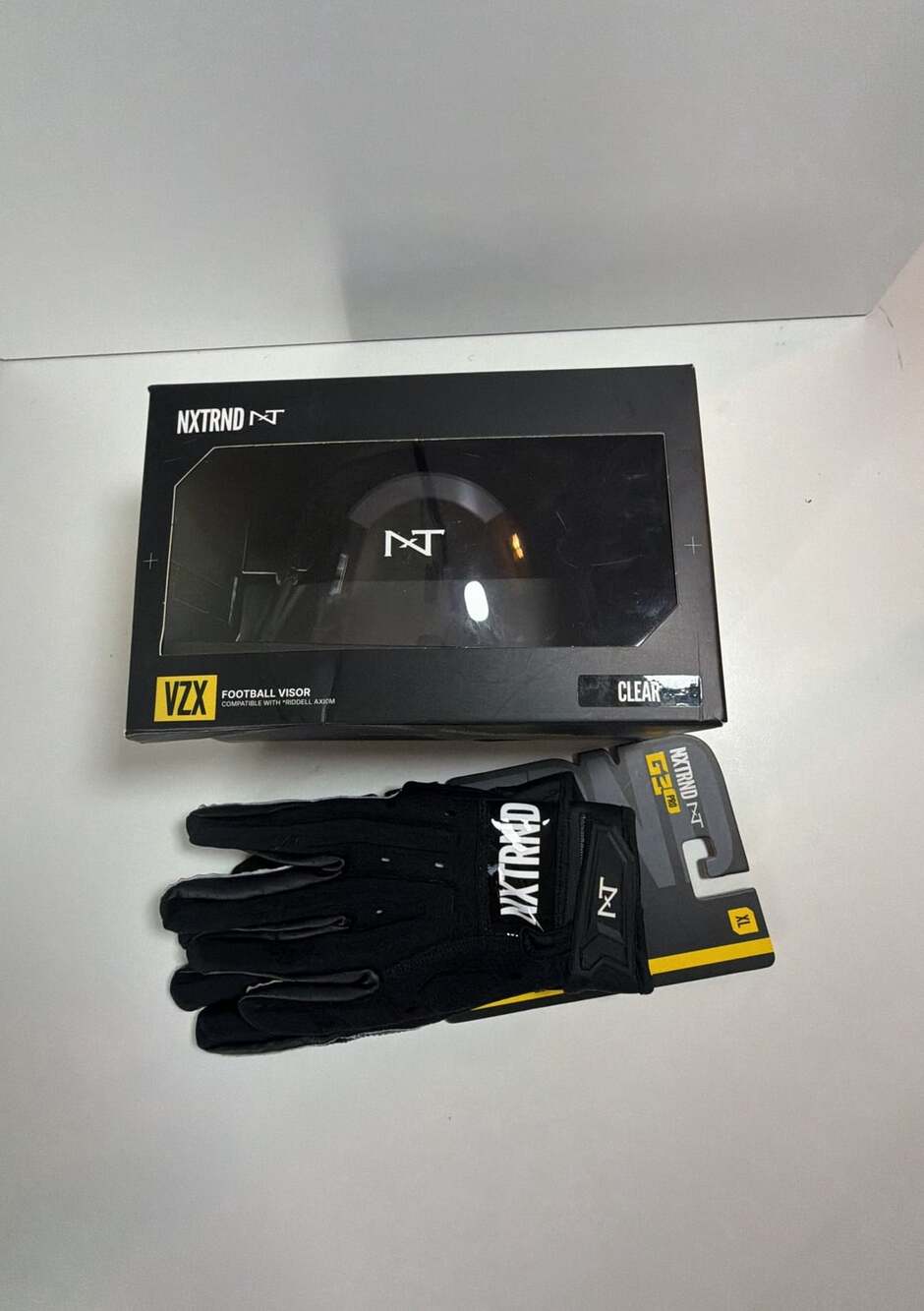 NXTRND VZX Football Visor And G2 Pro Padded Football Gloves Bundle Clear XL